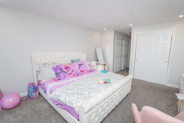 bedroom with carpet flooring, recessed lighting, and baseboards
