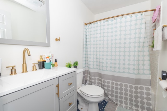 full bath with toilet, a shower with curtain, vanity, and tile patterned flooring