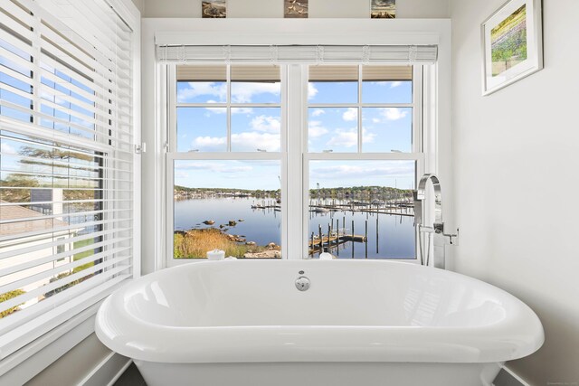 52 Old N Rd, Stonington, CT 06355 - bathroom featuring a water view, plenty of natural light, and a freestanding bath