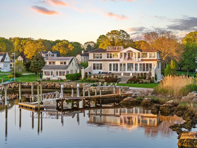 52 Old N Rd, Stonington, CT 06355 - back of house with a balcony, a water view, and boat lift