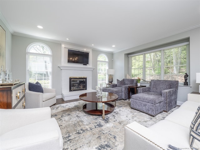 30 Wilton Hunt Rd Unit 30, Wilton, CT 06897 - living area with ornamental molding, plenty of natural light, a glass covered fireplace, recessed lighting, and baseboards