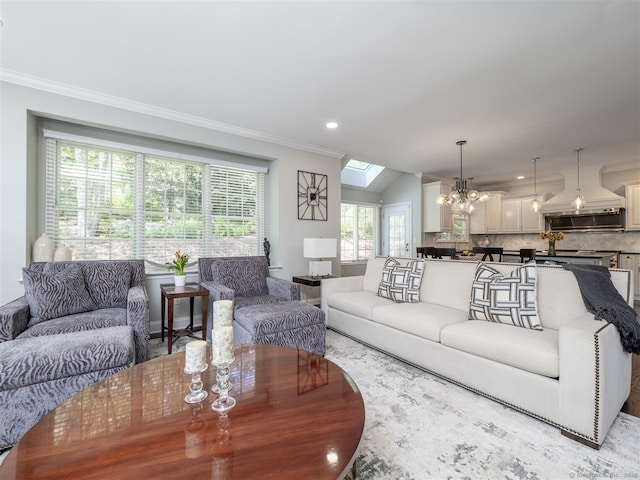 30 Wilton Hunt Rd Unit 30, Wilton, CT 06897 - living room with a chandelier, crown molding, recessed lighting, and a skylight