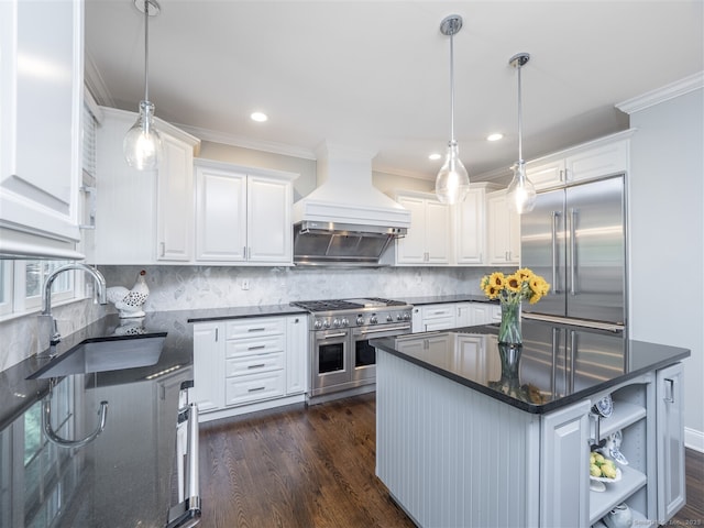 30 Wilton Hunt Rd Unit 30, Wilton, CT 06897 - kitchen featuring a sink, high end appliances, custom range hood, white cabinets, and crown molding