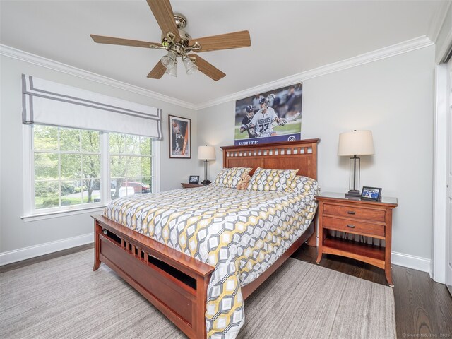 30 Wilton Hunt Rd Unit 30, Wilton, CT 06897 - bedroom with ornamental molding, wood finished floors, baseboards, and a ceiling fan