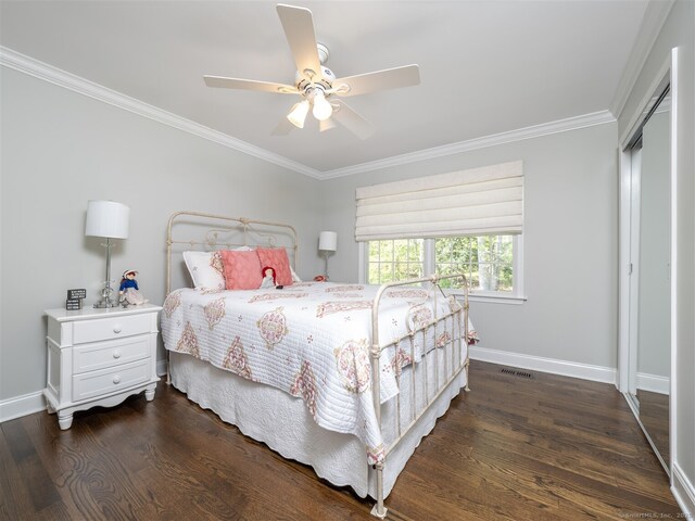 30 Wilton Hunt Rd Unit 30, Wilton, CT 06897 - bedroom featuring ornamental molding, baseboards, dark wood-type flooring, and ceiling fan