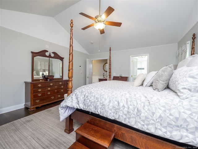 30 Wilton Hunt Rd Unit 30, Wilton, CT 06897 - bedroom featuring vaulted ceiling, dark wood-style flooring, and ceiling fan