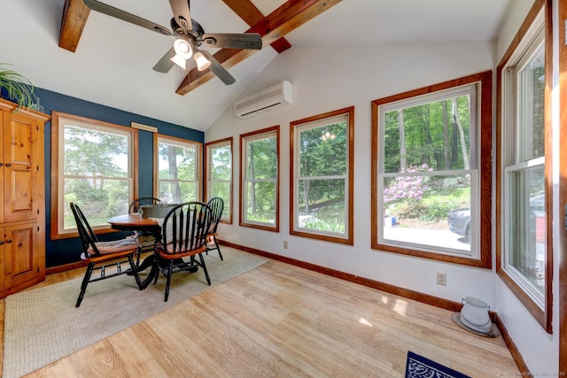 7 Parker Rd, Willington, CT 06279 - dining room featuring an AC wall unit, light wood-type flooring, a ceiling fan, and baseboards