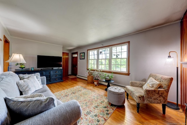 7 Parker Rd, Willington, CT 06279 - living room with a baseboard heating unit, light wood-style floors, ornamental molding, and baseboards