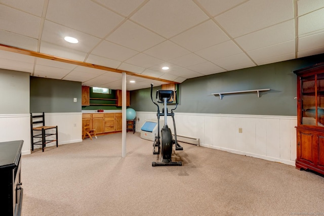 7 Parker Rd, Willington, CT 06279 - workout room featuring carpet floors, a wainscoted wall, a paneled ceiling, baseboard heating, and recessed lighting