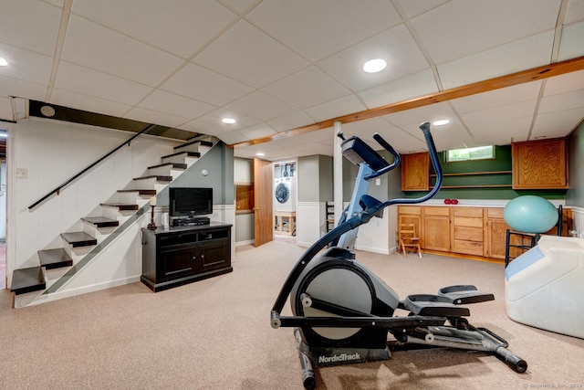 7 Parker Rd, Willington, CT 06279 - exercise room with light colored carpet, a paneled ceiling, recessed lighting, and washer / dryer
