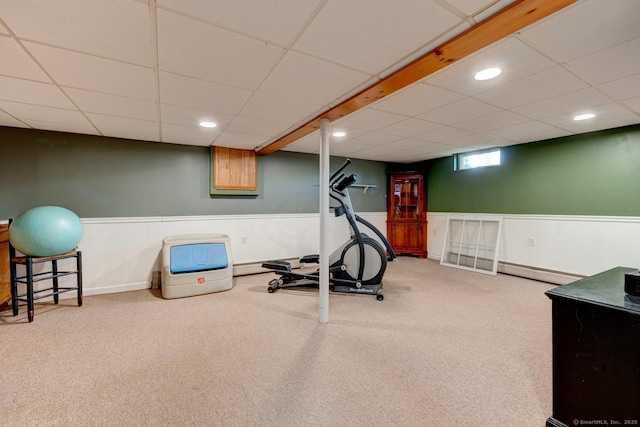 7 Parker Rd, Willington, CT 06279 - workout area with a baseboard radiator, carpet flooring, a drop ceiling, a wainscoted wall, and recessed lighting