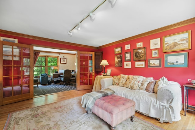 6 Galilee Way, Newtown, CT 06470 - living room featuring french doors, an office area, hardwood / wood-style floors, rail lighting, and ornamental molding