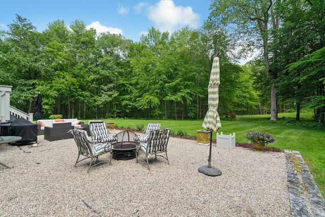 6 Galilee Way, Newtown, CT 06470 - view of patio featuring an outdoor living space with a fire pit, a grill, and view of wooded area