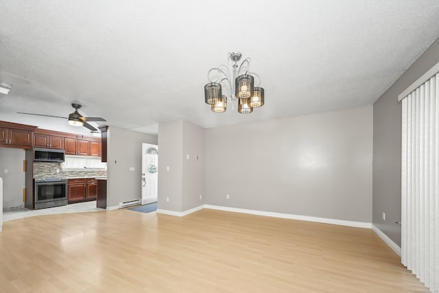 unfurnished living room featuring a baseboard heating unit, light wood-style floors, baseboards, a chandelier, and a ceiling fan