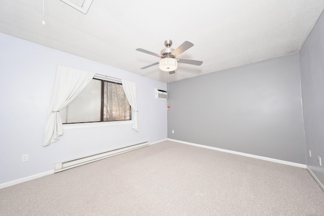 empty room with baseboard heating, carpet flooring, a ceiling fan, and an AC wall unit