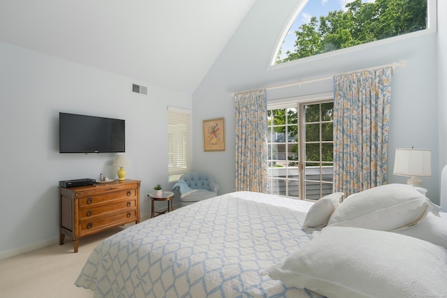 44 Hale Ln, Darien, CT 06820 - carpeted bedroom featuring high vaulted ceiling, baseboards, and access to exterior