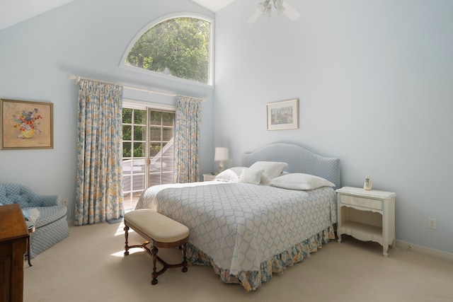 44 Hale Ln, Darien, CT 06820 - carpeted bedroom with a towering ceiling and a ceiling fan