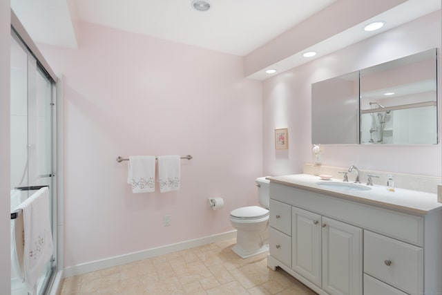 44 Hale Ln, Darien, CT 06820 - bathroom with toilet, a stall shower, baseboards, vanity, and recessed lighting