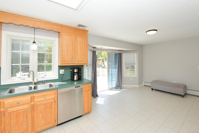 kitchen featuring stainless steel dishwasher, a sink, plenty of natural light, and hanging light fixtures