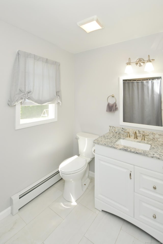 bathroom featuring a baseboard radiator, vanity, toilet, baseboards, and curtained shower