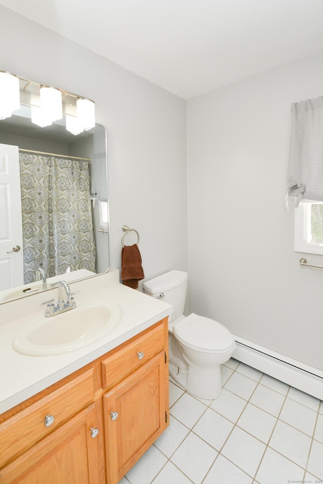 bathroom featuring baseboard heating, tile patterned flooring, toilet, vanity, and a shower with shower curtain