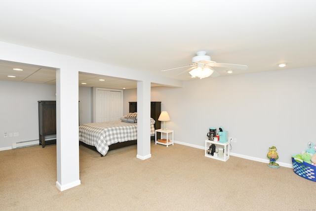 bedroom with light colored carpet, baseboards, recessed lighting, and a ceiling fan