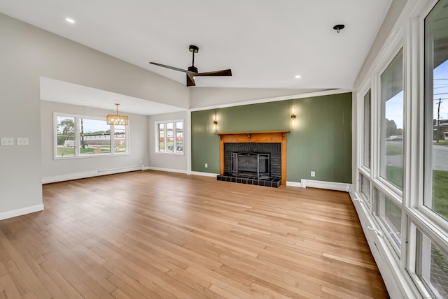636 Thompson Rd, Thompson, CT 06277 - unfurnished living room with baseboards, a ceiling fan, light wood finished floors, vaulted ceiling, and recessed lighting