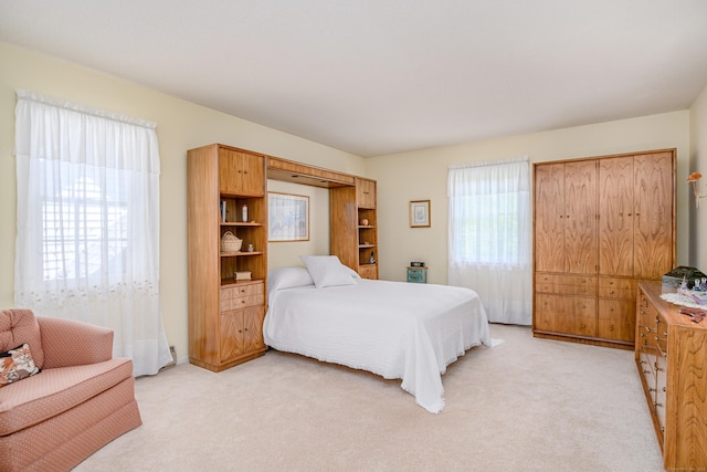 bedroom with light colored carpet
