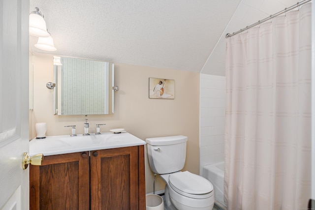 bathroom with vanity, toilet, vaulted ceiling, shower / bathtub combination with curtain, and a textured ceiling