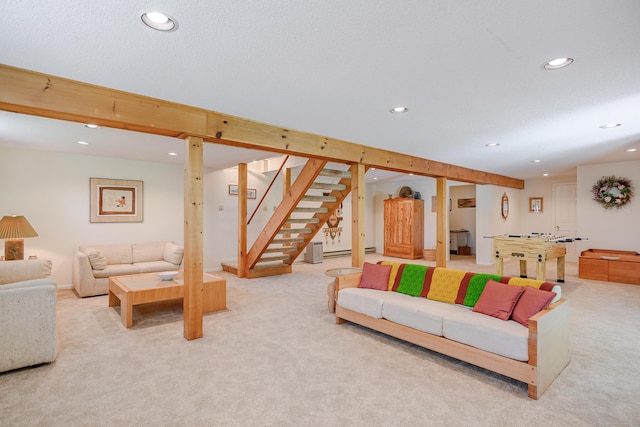 living area featuring light colored carpet, recessed lighting, stairs, and baseboard heating