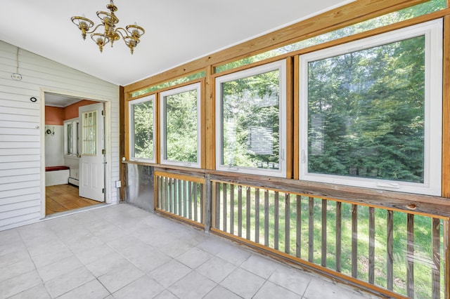 13 Hoyt Rd, Bethel, CT 06801 - unfurnished sunroom featuring lofted ceiling, a chandelier, and baseboard heating