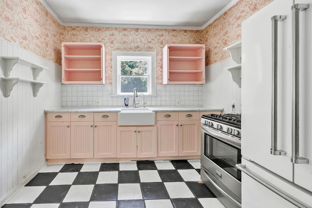 13 Hoyt Rd, Bethel, CT 06801 - kitchen featuring high end fridge, open shelves, stainless steel gas range oven, a sink, and wallpapered walls