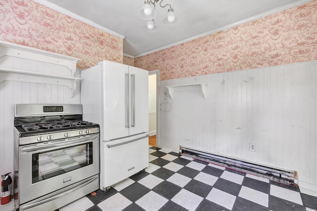 13 Hoyt Rd, Bethel, CT 06801 - kitchen featuring stainless steel gas stove, dark flooring, wallpapered walls, a baseboard radiator, and freestanding refrigerator