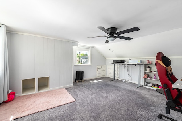 17 Emily Rd, East Windsor, CT 06016 - exercise area featuring radiator, a ceiling fan, carpet, and vaulted ceiling