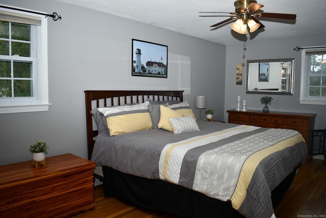 bedroom featuring wood finished floors, ceiling fan, and a textured ceiling