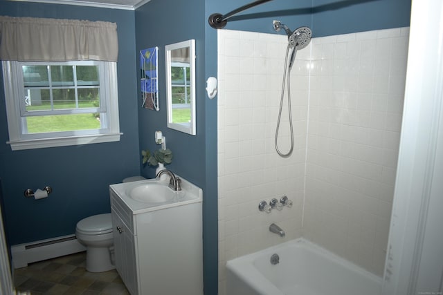 full bath featuring a baseboard heating unit, shower / tub combination, vanity, and toilet