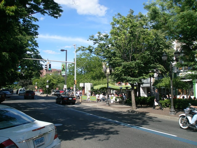 view of asphalt street with traffic lights, street lights, and curbs