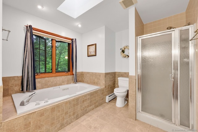 9 Pheasant Run, Granby, CT 06060 - bathroom featuring a skylight, tile patterned floors, toilet, a stall shower, and tile walls