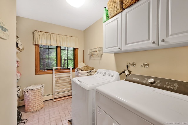 9 Pheasant Run, Granby, CT 06060 - laundry room with cabinet space, independent washer and dryer, a baseboard radiator, and brick patterned flooring