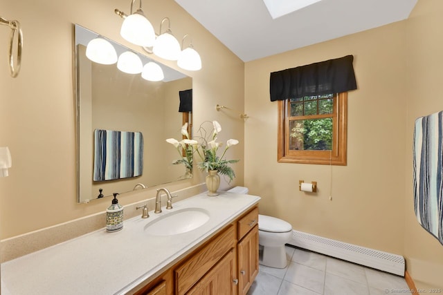 9 Pheasant Run, Granby, CT 06060 - bathroom featuring baseboard heating, toilet, tile patterned flooring, vanity, and a skylight