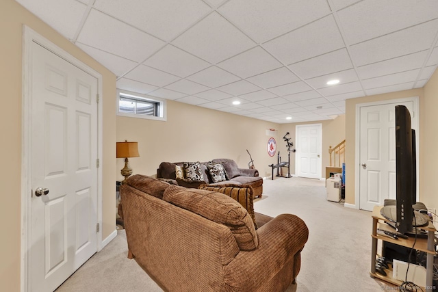 9 Pheasant Run, Granby, CT 06060 - living room featuring light carpet, a drop ceiling, stairs, recessed lighting, and baseboards