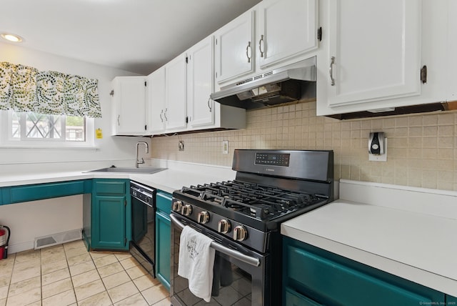 404 Cedar Hollow Dr Unit 404, Rocky Hill, CT 06067 - kitchen featuring stainless steel range with gas stovetop, a sink, under cabinet range hood, black dishwasher, and white cabinets