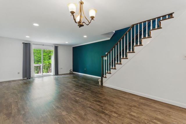 404 Cedar Hollow Dr Unit 404, Rocky Hill, CT 06067 - unfurnished living room featuring wood finished floors, baseboards, stairway, a chandelier, and recessed lighting
