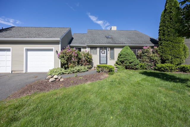 21 Cannon Ridge Dr Unit 21, Watertown, CT 06795 - view of front of property with driveway, an attached garage, a front yard, a chimney, and roof with shingles