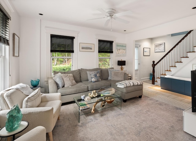 5 New Street Ext, Wilton, CT 06897 - tiled living room featuring ceiling fan and stairway