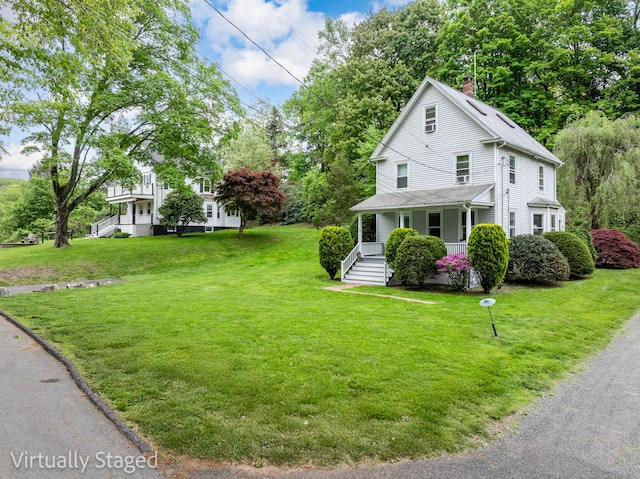 5 New Street Ext, Wilton, CT 06897 - view of front of property with covered porch, a chimney, a front yard, and roof with shingles
