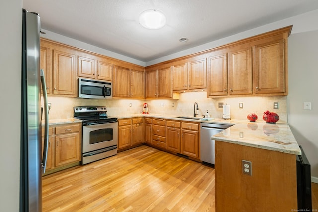 kitchen with appliances with stainless steel finishes, a sink, light wood finished floors, a peninsula, and backsplash