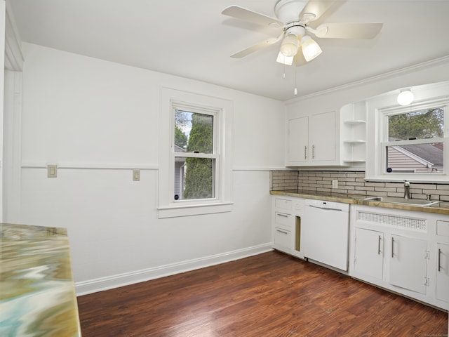 31 Emerson St, Norwalk, CT 06855 - kitchen featuring dishwasher, backsplash, baseboards, dark wood-style flooring, and a sink