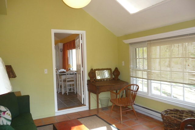 32 Beeholm Rd, Redding, CT 06896 - tiled office featuring a baseboard heating unit and vaulted ceiling