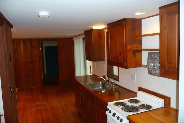 32 Beeholm Rd, Redding, CT 06896 - kitchen with white range with electric cooktop, a sink, open shelves, decorative backsplash, and dark wood-style flooring